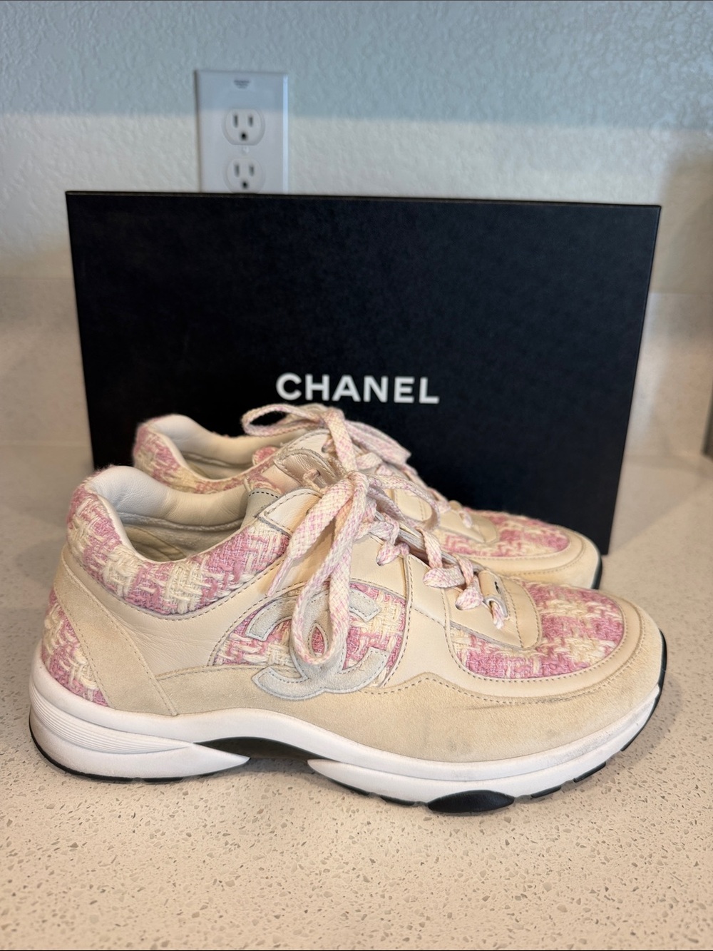 CHANEL Pink and Beige Tweed Runner Sneakers - size US 7.5/EU38